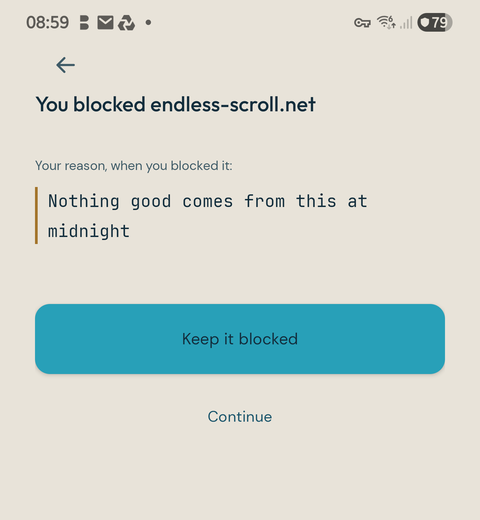 The app showing the reason someone wrote when they blocked a site.